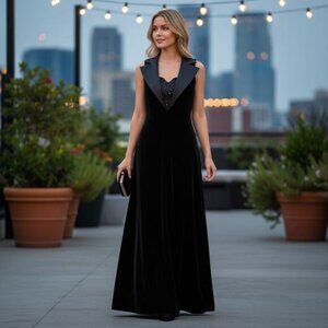 CACHE Vintage Velvet Maxi Cocktail Dress Size 6 Satin Halter Neck Side Slit